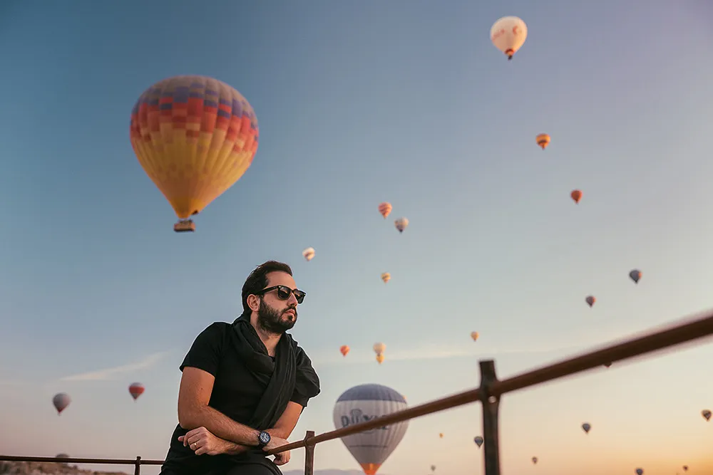 Panoramic Cappadocia valley with balloons at dawn