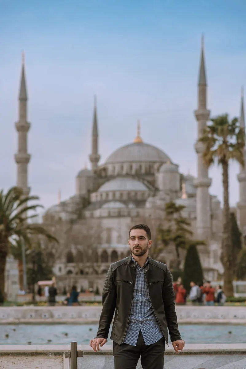 Galata Tower rooftop portrait at golden hour in Istanbul