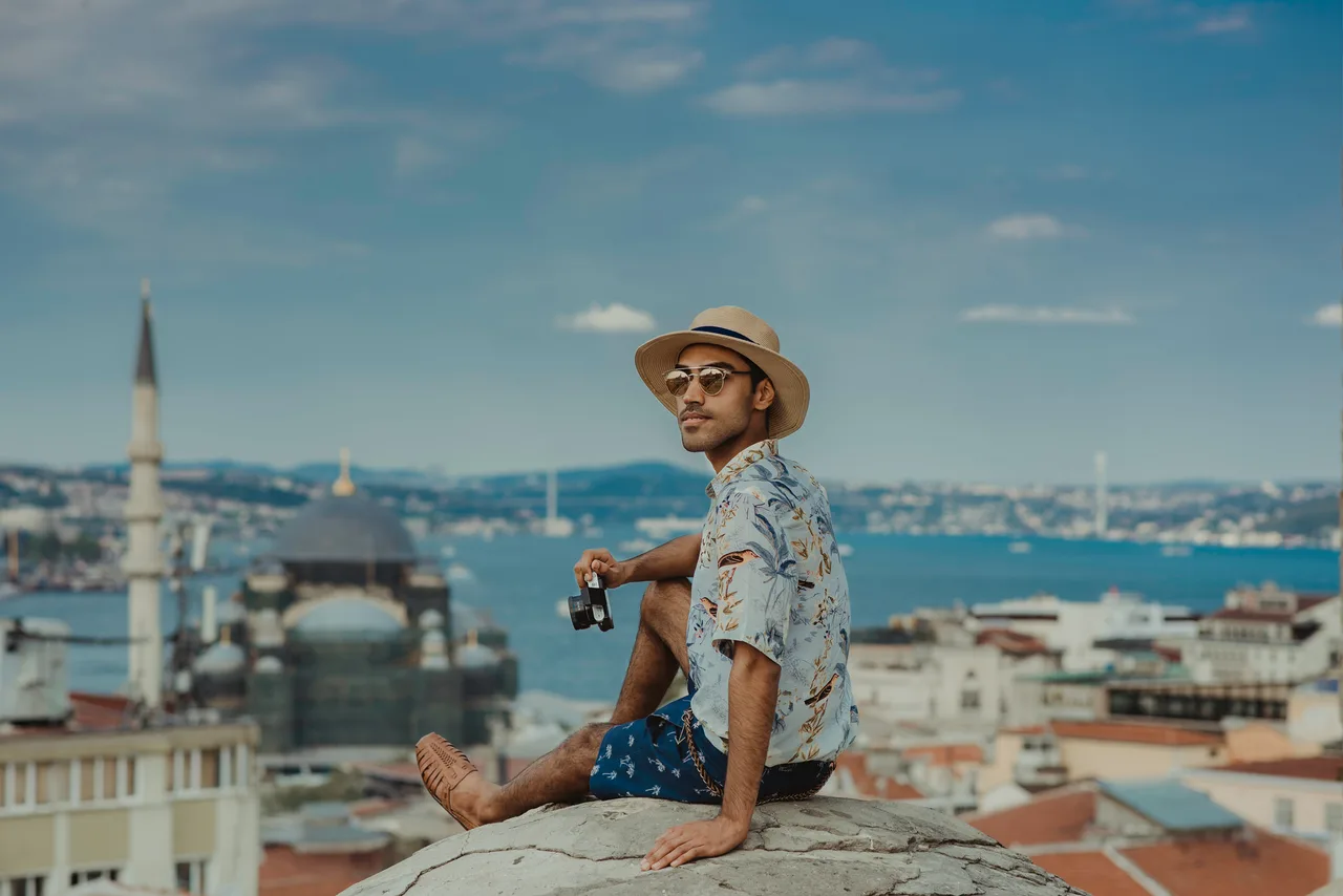 Vacation portrait with the Galata Tower behind in Istanbul